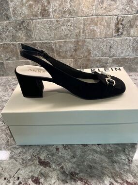 Anne Klein Black Slingback Block Heel with Gold Accent